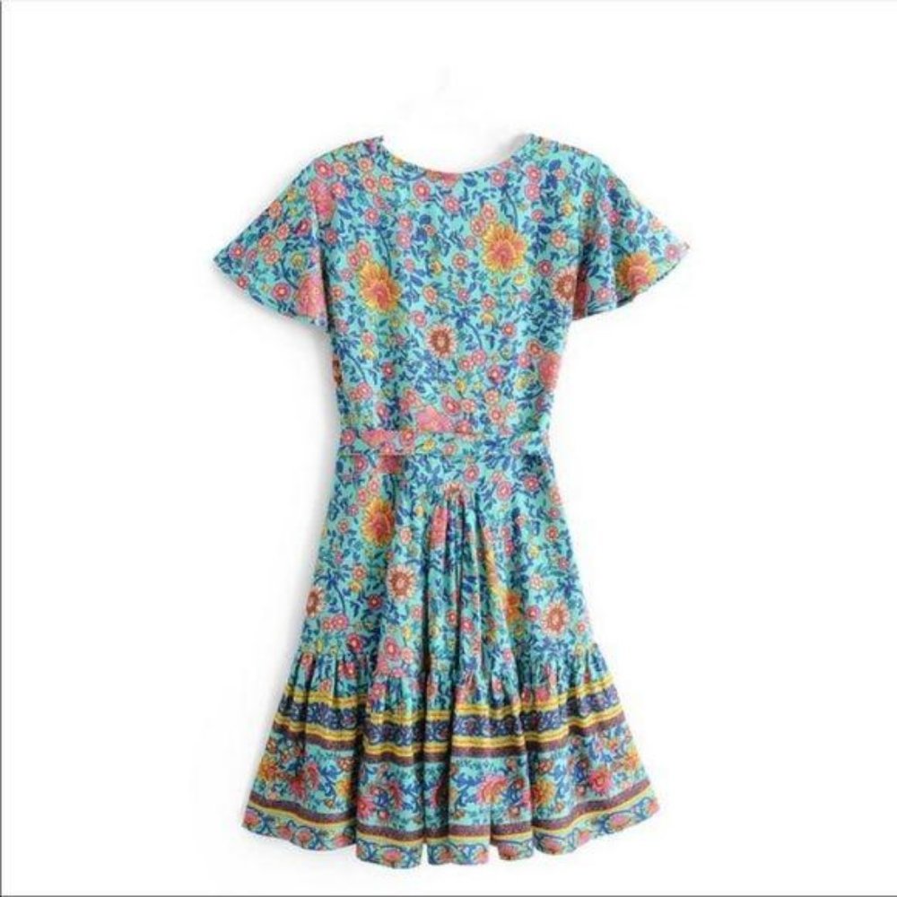 Boho Floral Print V Neck Wrap Dress Short Blue - Picture 3 of 4